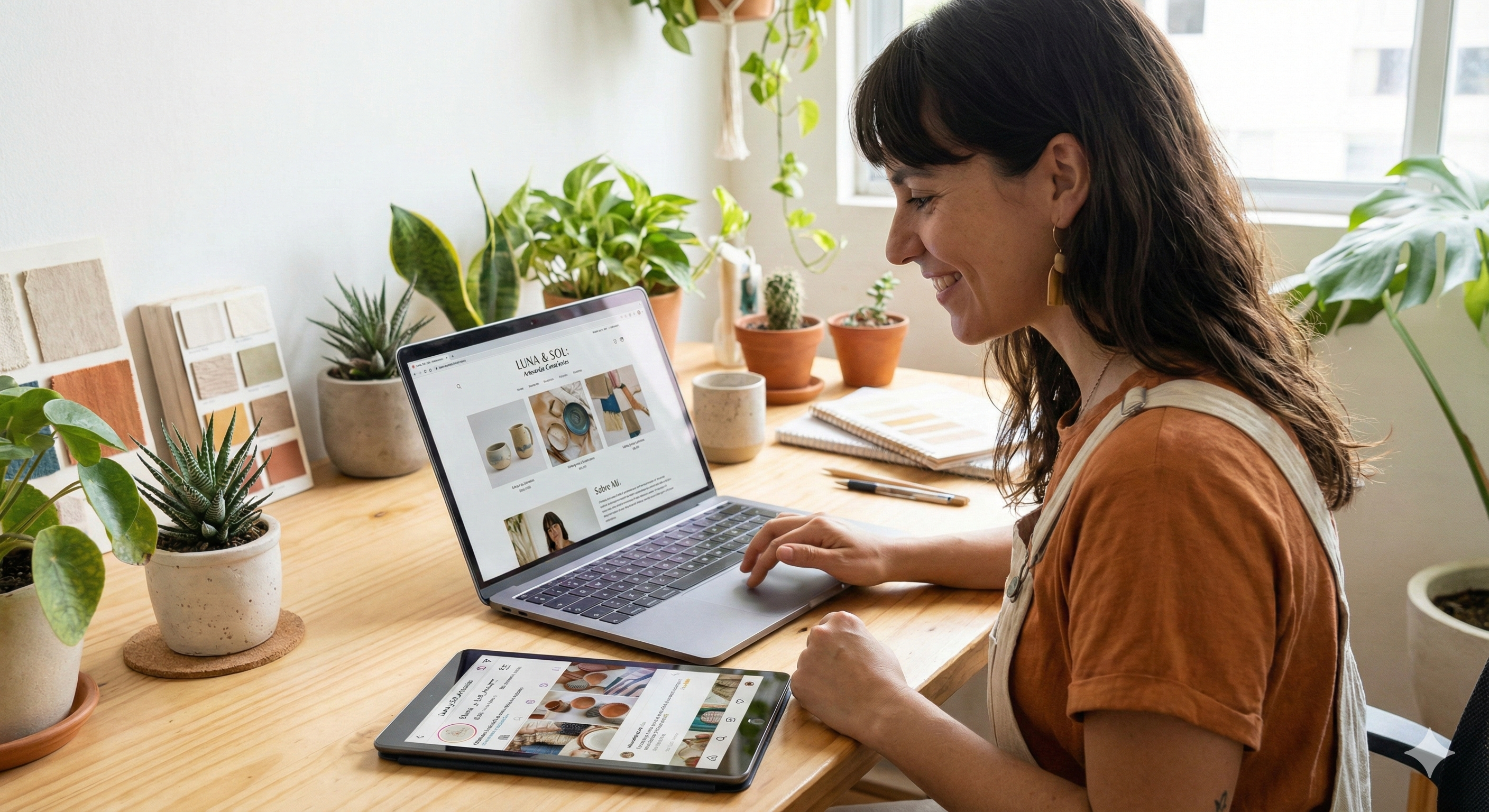 Emprendedora mirando su sitio web y su cuenta de Instagram